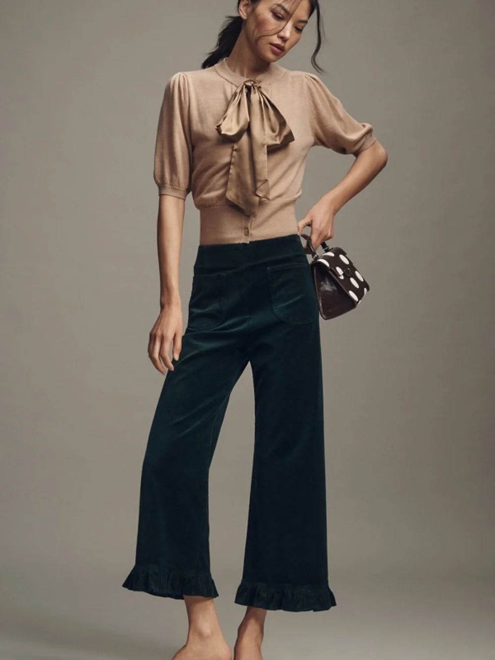 Anthropologie Maeve The Colette Crop Velvet Ruffle-Hem Pants 29 Dark Hunter NWT - Picture 2 of 10